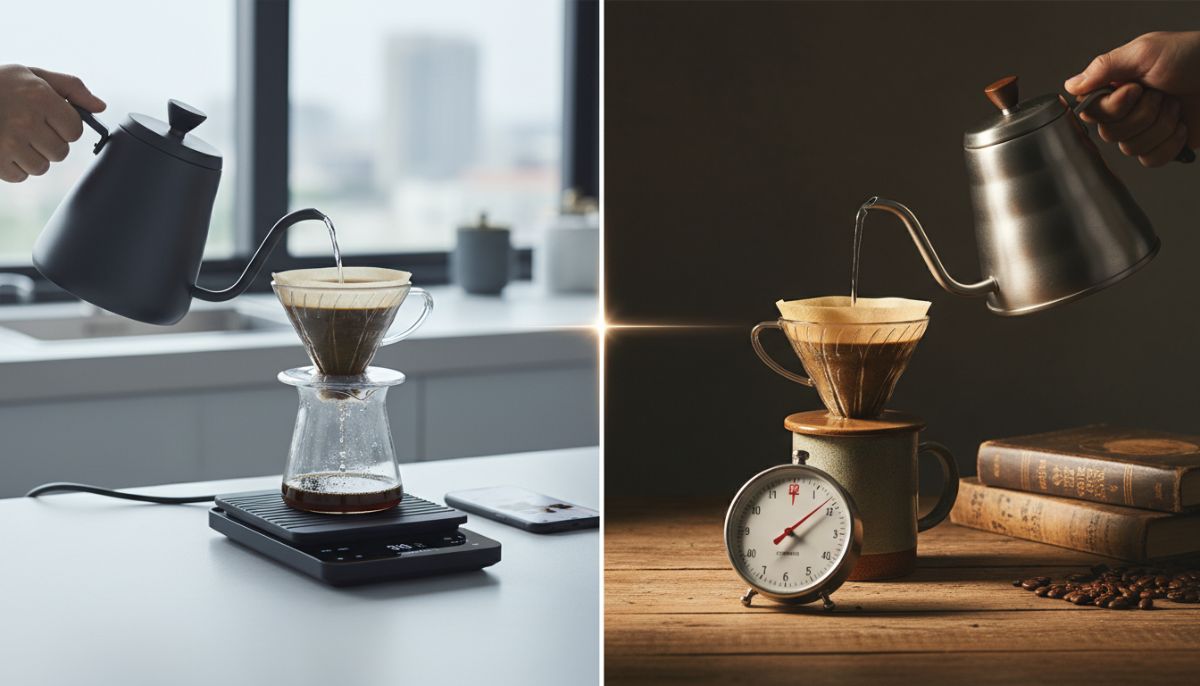 Side-by-side comparison of an Acaia Lunar smart scale displaying a flow rate graph on a smartphone versus a basic digital coffee timer with a manual pour-over setup.