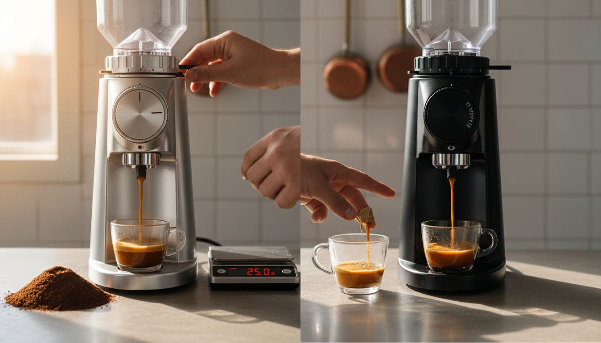 Close up comparison of a stepless worm gear adjustment knob versus a stepped grinder collar with numbered clicks