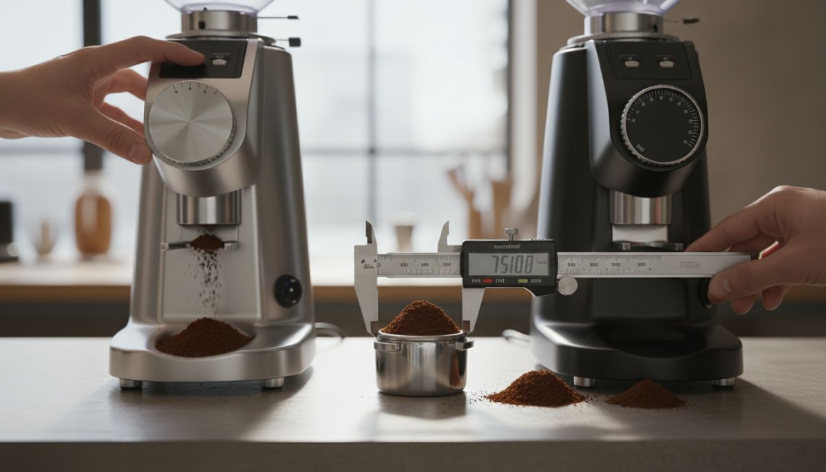 Barista making a fine adjustment on the micrometric collar of a stepless espresso grinder
