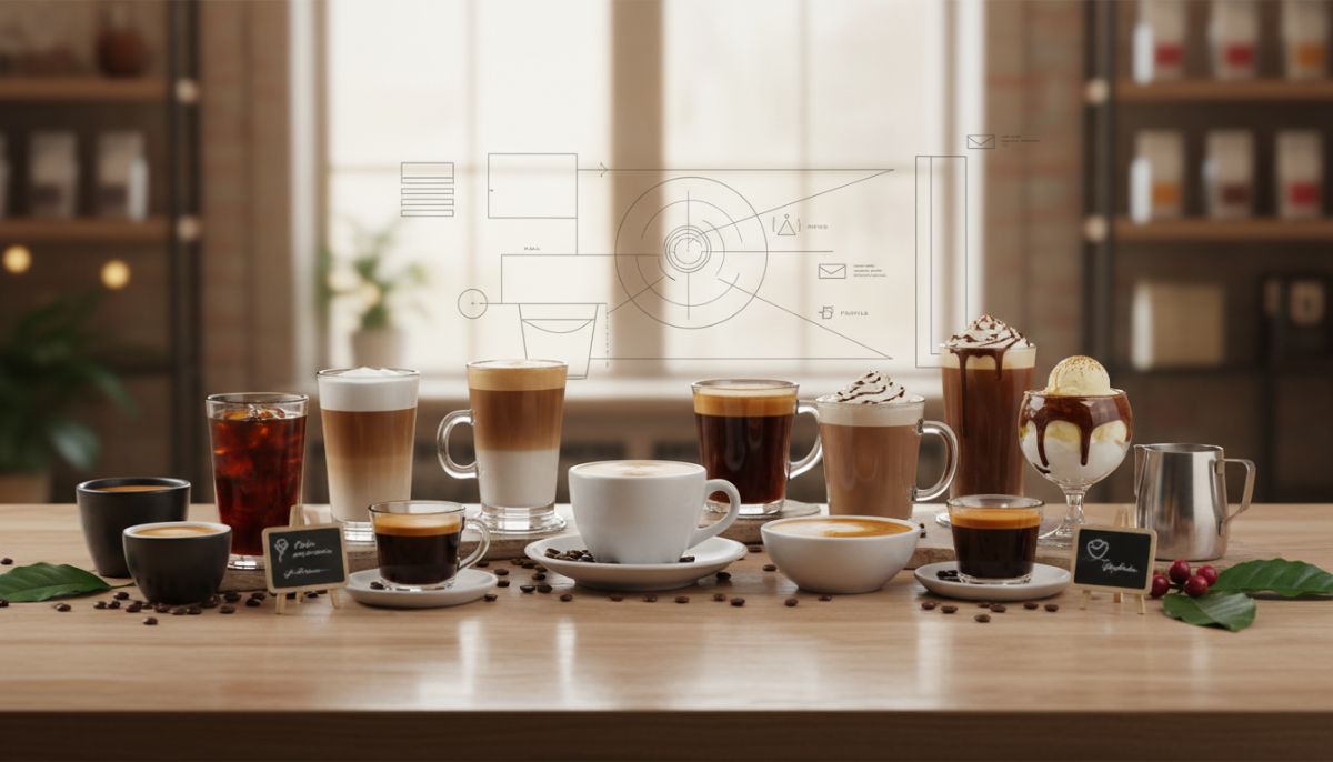 Infographic showing the cross-section layers and ratios of milk, foam, and espresso for the top 10 types of coffee drinks.