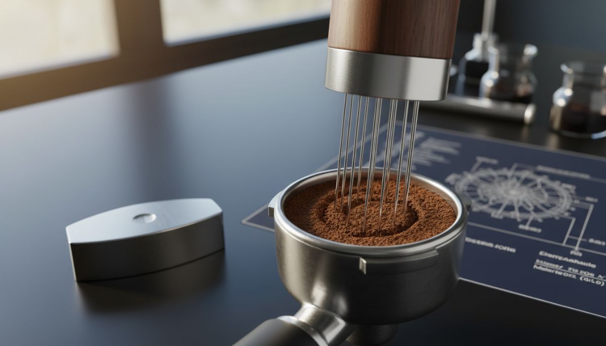 Barista performing Weiss Distribution Technique using a WDT tool with 0.35mm acupuncture needles in a portafilter with a dosing funnel.